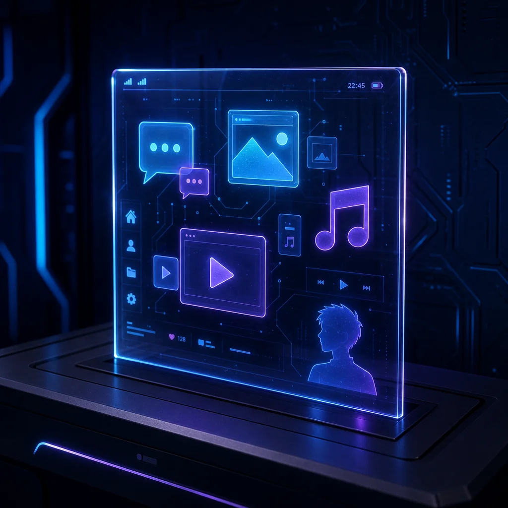 Futuristic user interface with glowing blue and purple elements