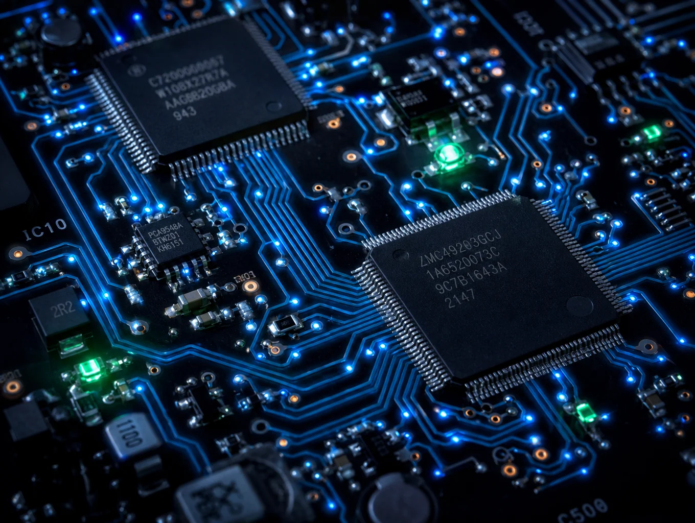 Close-up of advanced hardware components with luminous accents